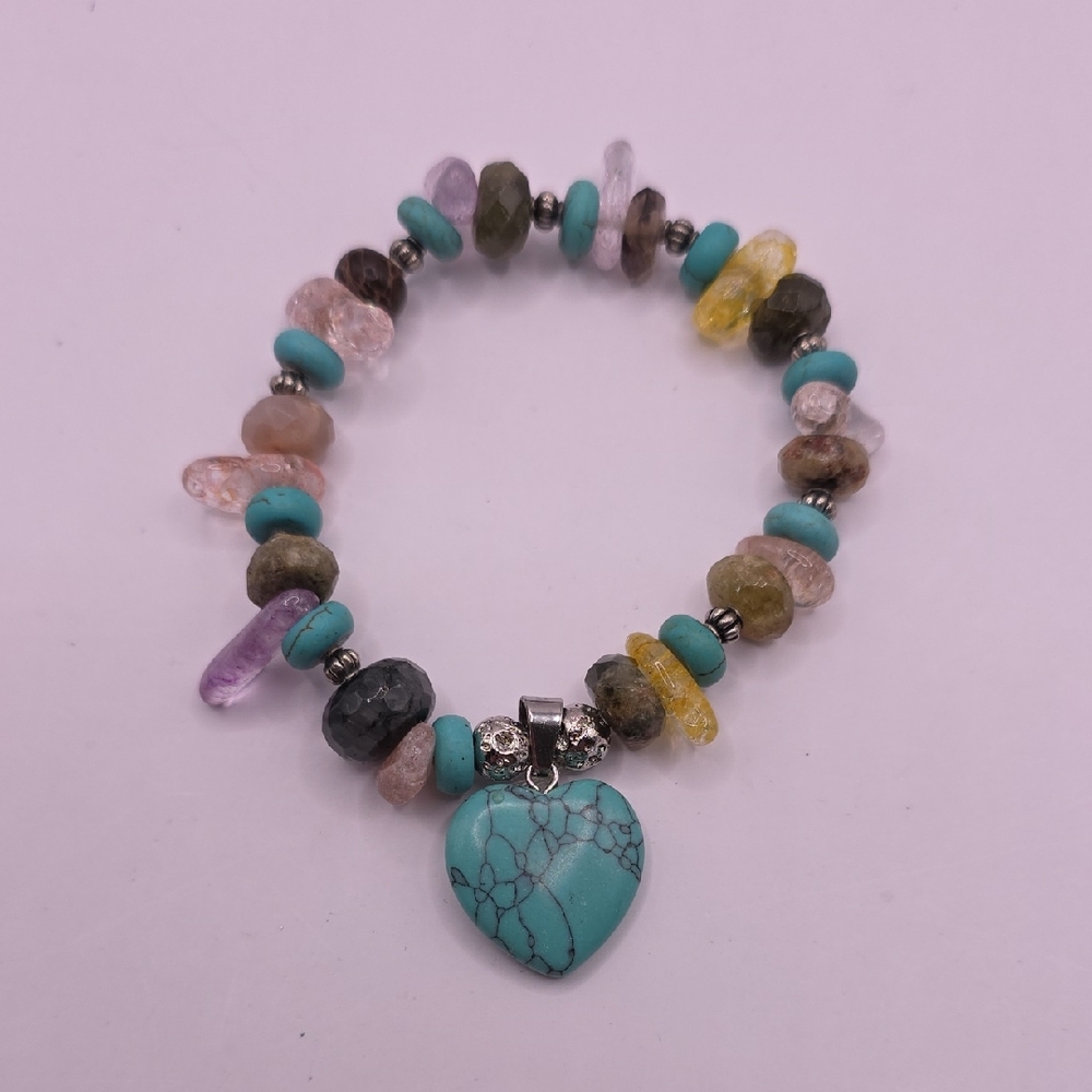 Assorted Gemstones Quartz Stretch Heart Charm Bracelet